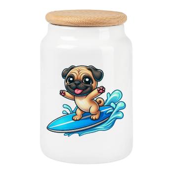 Kawaii Pug Surfer Planche de surf Surf Été - Boîte à biscuits avec couvercle en bois - blanc - Devant