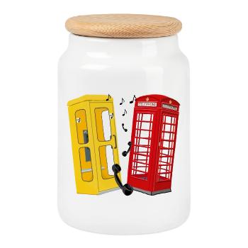 Vintage englische und deutsche Telefonzelle - Keksdose mit Holzdeckel - Weiß - Vorne