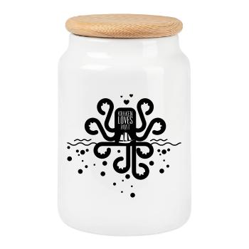 Cartoon Octopus with Hearts Embracing a Boat Illus - Cookie Jar with Wooden Lid - white - Front