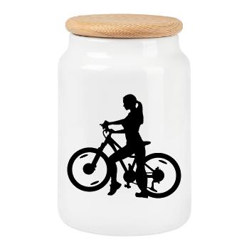 Cyclist - Cookie Jar with Wooden Lid - white - Front
