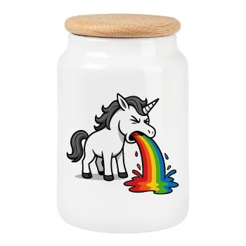 Licorne vomissante - Conception arc-en-ciel amusante - Boîte à biscuits avec couvercle en bois - blanc - Devant