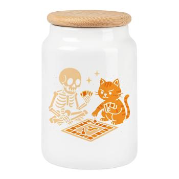 Skeleton meets tiger in board game - Cookie Jar with Wooden Lid - white - Front