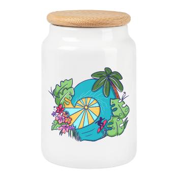 Tropical Ocean Wave with Palms – Summer Art - Cookie Jar with Wooden Lid - white - Front
