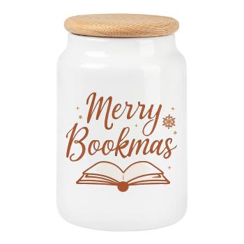Merry Bookmas Fine Line Book Design - Boîte à biscuits avec couvercle en bois - blanc - Devant