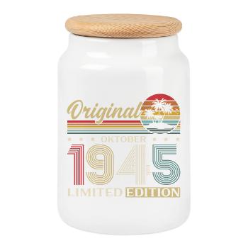 80th Birthday Original October Vintage 1945 - Cookie Jar with Wooden Lid - white - Front