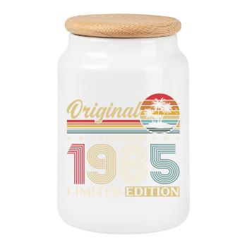 40th Birthday Original October Vintage 1985 - Cookie Jar with Wooden Lid - white - Front