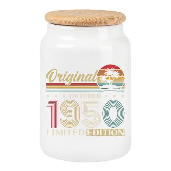 75th Birthday Original October Vintage 1950 - Cookie Jar with Wooden Lid - white - Front