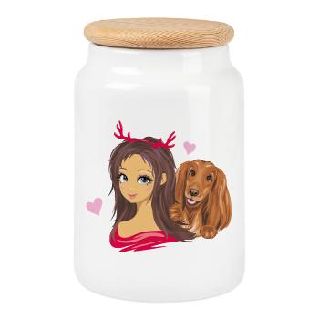 Jolie fille aux cornes rouges avec son ami le chien - Boîte à biscuits avec couvercle en bois - blanc - Devant