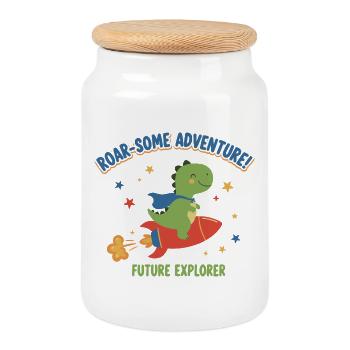 Dino on rocket adventure - Cookie Jar with Wooden Lid - white - Front