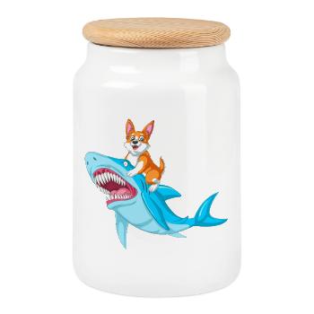 Corgi Riding Shark Funny Animal Shirt - Cookie Jar with Wooden Lid - white - Front