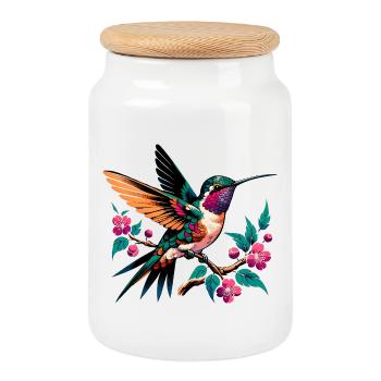 Colibri vibrant sur une branche fleurie - Boîte à biscuits avec couvercle en bois - blanc - Devant