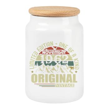 Birthday november 1962 - Cookie Jar with Wooden Lid - white - Front