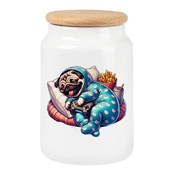 Aventure de canapé de carlin de jeu - Boîte à biscuits avec couvercle en bois - blanc - Devant