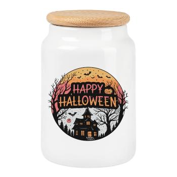 Halloween Haunted Circular Yellow Orange - Cookie Jar with Wooden Lid - white - Front