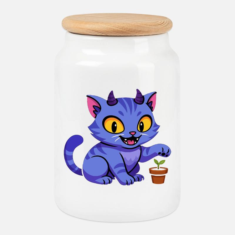 Blauer Katzenkobold mit Pflanze - Keksdose mit Holzdeckel - Weiß