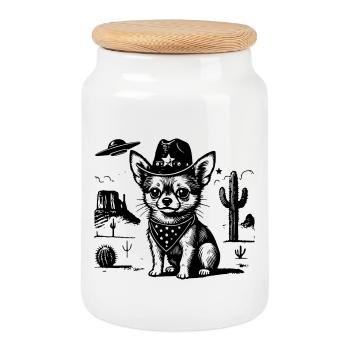 Cowboy Chihuahua UFO Desert Dog Retro T-Shirt - Cookie Jar with Wooden Lid - white - Front