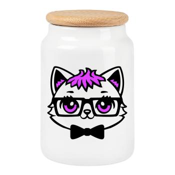Chat Nerd Nerd Lunettes Noeud papillon Cheveux roses Geek - Boîte à biscuits avec couvercle en bois - blanc - Devant