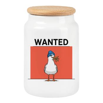 Illustration d'une mouette avec des frites et un bonnet - Boîte à biscuits avec couvercle en bois - blanc - Devant