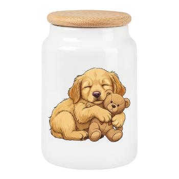 Golden Retriever puppy with teddy bear - Cookie Jar with Wooden Lid - white - Front