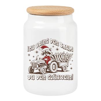J’apporte l’arbre – Tracteur de Noël amusant - Boîte à biscuits avec couvercle en bois - blanc - Devant