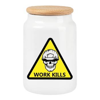 Danger Work, Kill sign with a helmeted skull - Cookie Jar with Wooden Lid - white - Front