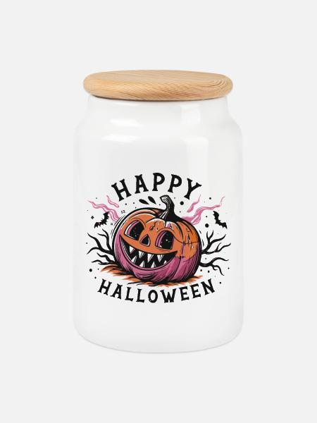 Halloween Grimasse Kürbis - Keksdose mit Holzdeckel - Weiß