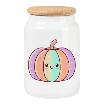 Gestreifter Kawaii Pastell Kürbis - Keksdose mit Holzdeckel - Weiß - Vorne