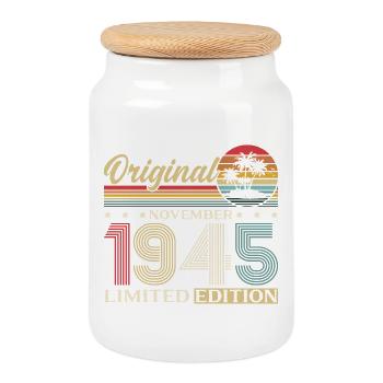 80. Geburtstag Original November Jahrgang 1945  - Keksdose mit Holzdeckel - Weiß - Vorne