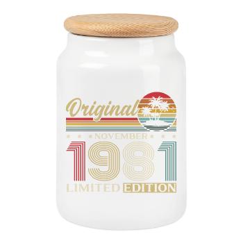 44. Geburtstag Original November Jahrgang 1981 - Keksdose mit Holzdeckel - Weiß - Vorne