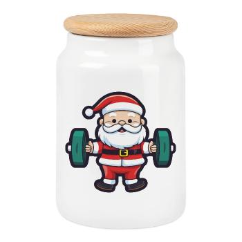 Weihnachtsmann Hantel Fitness - Keksdose mit Holzdeckel - Weiß - Vorne
