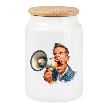 Loud call with megaphone - Cookie Jar with Wooden Lid - white - Front