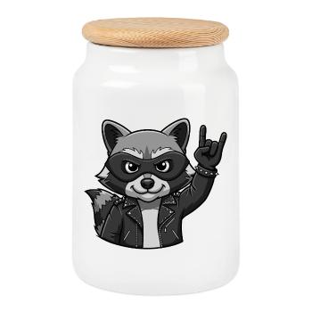 Rocker Waschbär mit Rock On Geste - Keksdose mit Holzdeckel - Weiß - Vorne