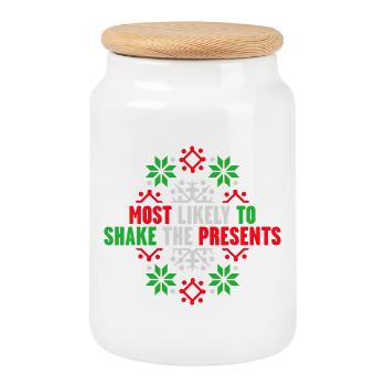 Most Likely to Shake the Presents Christmas Fun - Cookie Jar with Wooden Lid - white - Front