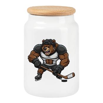 ours musclé joueur de hockey sur glace dessin animé - Boîte à biscuits avec couvercle en bois - blanc - Devant