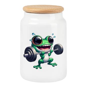 Frog Fitness Haltères Entraînement Musculation Gym - Boîte à biscuits avec couvercle en bois - blanc - Devant