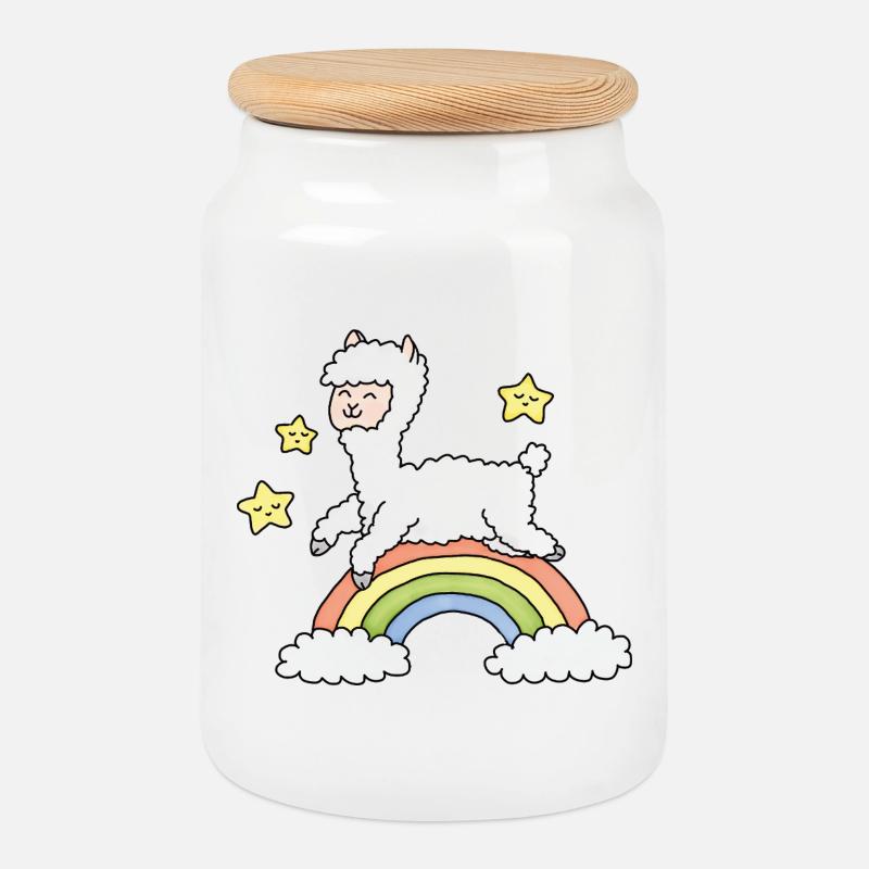 Alpaca Rainbow Dream - Cookie Jar with Wooden Lid - white