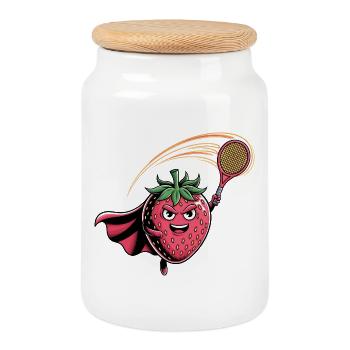 Erdbeere Superheld Tennis Smash mit Schläger - Keksdose mit Holzdeckel - Weiß - Vorne