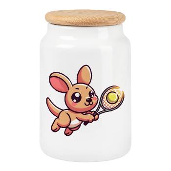 Kangaroo playing tennis with racket and ball - Cookie Jar with Wooden Lid - white - Front