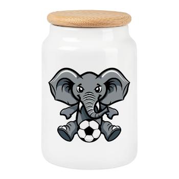 Éléphant avec ballon de football - Boîte à biscuits avec couvercle en bois - blanc - Devant
