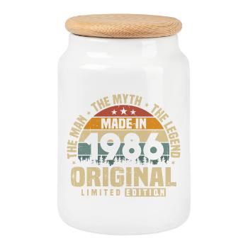 Jahrgang 1986 geboren Original Geburtstag Geschenk - Keksdose mit Holzdeckel - Weiß - Vorne