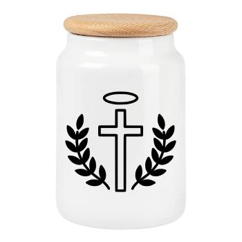 Croix chrétienne avec halo et laurier - Boîte à biscuits avec couvercle en bois - blanc - Devant