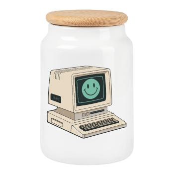 Retro-Smiley-Gesicht auf Vintage-Computer - Keksdose mit Holzdeckel - Weiß - Vorne