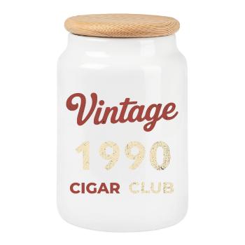 Vintage 1990's Cigar Club Retro Birth Year Gift - Cookie Jar with Wooden Lid - white - Front