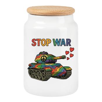 Rainbow Tank with Peace Sign – STOP WAR - Cookie Jar with Wooden Lid - white - Front