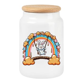 Hoppelhase Rainbow Swing - Cookie Jar with Wooden Lid - white - Front