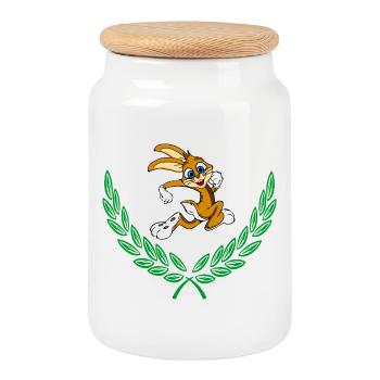 Cute rabbit in green laurel wreath - Cookie Jar with Wooden Lid - white - Front