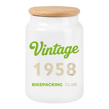 Vintage 1958 – Bikepacking Club Retro Birth Year - Cookie Jar with Wooden Lid - white - Front
