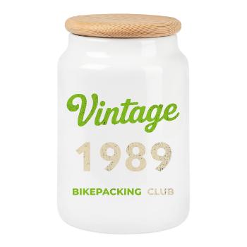 Vintage 1989 – Bikepacking Club Retro Birth Year - Cookie Jar with Wooden Lid - white - Front
