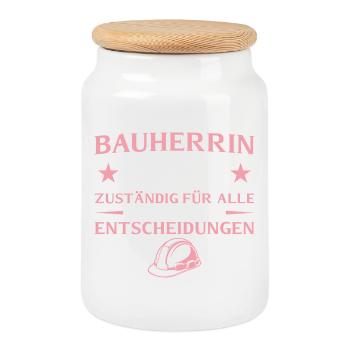 Bauherrin 2026 Zuständig für alles - Hausbau - Keksdose mit Holzdeckel - Weiß - Vorne