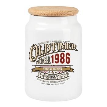 Oldtimer Modell 1986 | Geburtstag Geschenk - Keksdose mit Holzdeckel - Weiß - Vorne